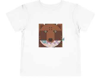 Cute Kids Bear and Fish T-Shirt, childrens camping shirt, toddler wildlife tee, kids national park shirt, adorable brown bear and fish shirt