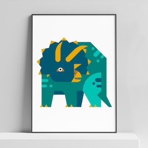 Modern Triceratops art print for the kids play room or bedroom, cute friendly dinosaur, children animal wall decor, prehistoric themed art
