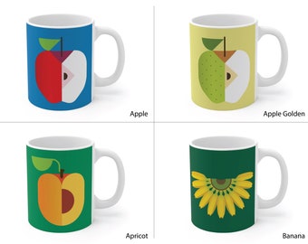 Colorful fruit coffee mug collection for the home or office, modern fruit mug set, mug for chef, ceramic mug for cook, botanical mug design