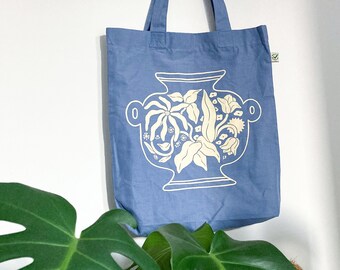 Floral Vase Screen Printed Tote Bag: Beige on Denim Blue