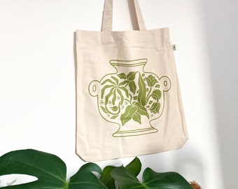 Floral Vase Screen Printed Tote Bag: Olive Green on Natural Cotton