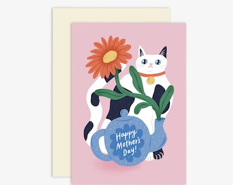 Cat, Teapot + Flower Mother's Day Card