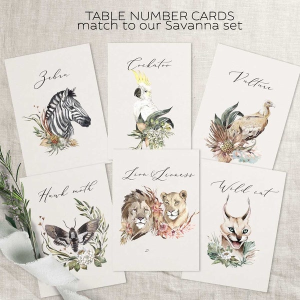 Jungle animals table number cards, Online editable table number template set, Zoo wedding, African animals table sign, Savanna set