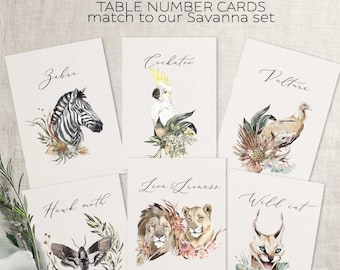 Jungle animals table number cards, Online editable table number template set, Zoo wedding, African animals table sign, Savanna set