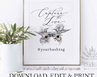 Instagram sign template, hashtag sign template, botanical instagram sign, hummingbird hashtag sign, botanical wedding sign, editable pdf