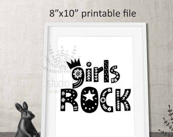 nordic kids room print, girls rock sign,black & white kids room, monochrome print, minimal kids room print, scandinavian kids room