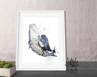 Beluga WHALE print, nautical printable, nursery printable, kids room decor, whale wall art, oceanic art, watercolor whale art