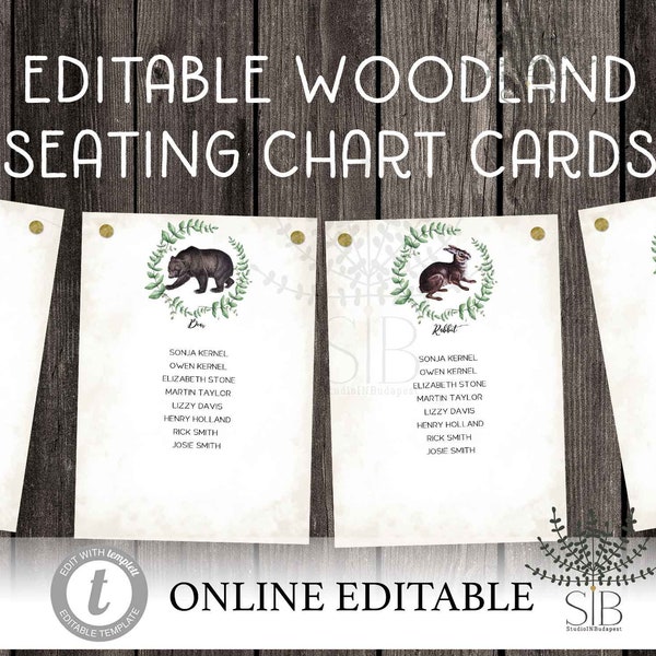 Woodland Animal Seating Chart Rustic Woodland Table Assignment Card Hanging Animal Table Cards Editable Woodland Seating Plan, ForestSet