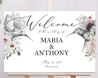 Welcome Sign, Botanical Wedding Welcome Sign template, Birds Wedding Sign, Reception Sign template, hummingbirds wedding poster, Template