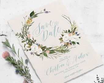 Elegante Blumenkranz Save the Date Karte, Boho floral Save the Date Karte, florale Hochzeit im Freien, Kranz Save the Date Vorlage