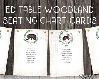 Woodland Animal Seating Chart Rustic Woodland Table Assignment Card Hanging Animal Table Cards Editable Woodland Seating Plan, ForestSet