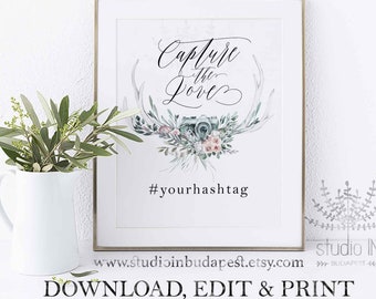 Instagram sign template, hashtag sign template, boho instagram sign, floral stag wedding hashtag sign, editable pdf template