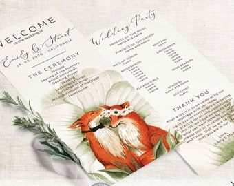Modello di programma di matrimonio Biglietto per l'ordine della cerimonia nel bosco Programma di matrimonio Fox Modello di matrimonio rustico