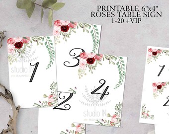 Wedding Table Numbers 1-20, Printable Roses Table Numbers, rustic table number, pink roses table numbers, Wedding table Sign,