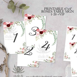 Wedding Table Numbers 1-20, Printable Roses Table Numbers, rustic table number, pink roses table numbers, Wedding table Sign, image 1