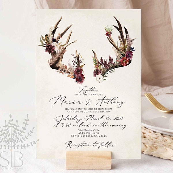 Burgundy and marsala boho fall wedding invitation with antler and forest flowers