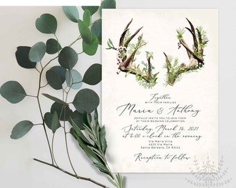 Woodland antler wedding invitation, boho woodland wedding invitation template, online editable bohemian stag wedding invitation