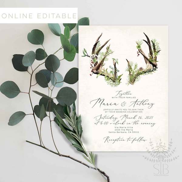 Woodland antler wedding invitation, boho woodland wedding invitation template, online editable bohemian stag wedding invitation