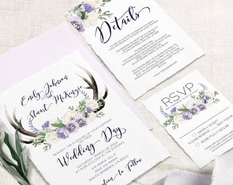 Rustic Wedding Invitation, purple rustic wedding, boho floral wedding, boho purple wedding, stag invitation, Wedding template, (NATY set)