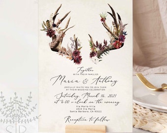 Invitation de mariage d'automne bohème bordeaux et marsala avec bois de cerf et fleurs de la forêt