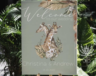 Giraffe couple wedding welcome sign, wedding guest sign template, Zoo wedding sign with safari animals, Online editable template