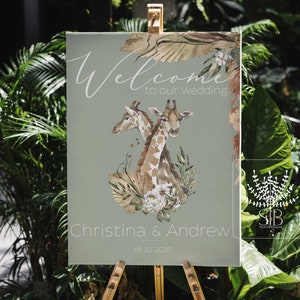 Giraffe couple wedding welcome sign, wedding guest sign template, Zoo wedding sign with safari animals, Online editable template