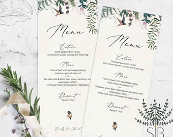 Modèle de menu de mariage d'oiseaux, menu modifiable en ligne, modèle modifiable de menu de mariage en plein air