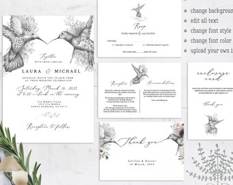 Bird botanical wedding invitation online editable template