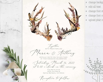 Fall boho antler wedding invitation with terracotta, burnt orange and autumn forest flowers