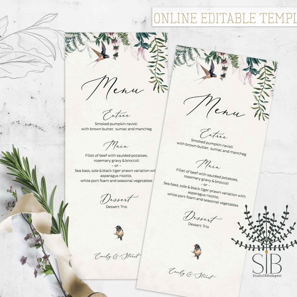 Birds wedding Menu template, Online editable menu, Outdoor wedding menu editable template