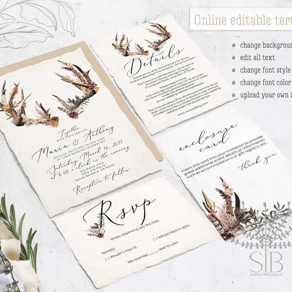 Boho terracotta fall wedding invitation set, autumn wedding invitation template, online editable bohemian fall wedding suite