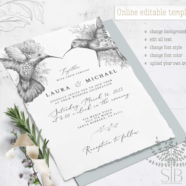 Modèle modifiable en ligne d'invitation de mariage botanique d'oiseau