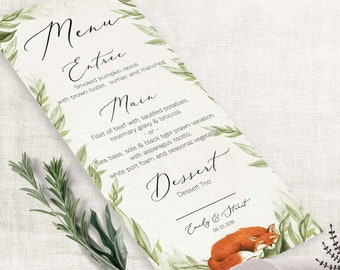 Menu, carte de table de menu de renard, carte de menu rustique, modèle de carte de menu de forêt, modèle de mariage, menu de renard (ensemble de renard)
