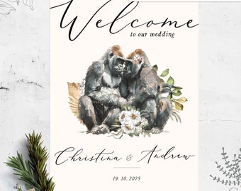 Safari Wedding welkomstbord, Gorilla welkom teken sjabloon, Zoo bruiloft teken, Gorilla paar welkom teken, Online bewerkbare sjabloon