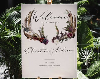 Boho antler welcome sign template for forest wedding and other woodland theme events