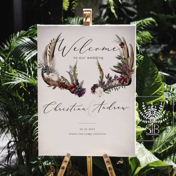 Boho antler welcome sign template for forest wedding and other woodland theme events