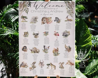 Safari animal seating chart, boho safari wedding seating plan, Zoo wedding, tropical animals seating, Savanna set