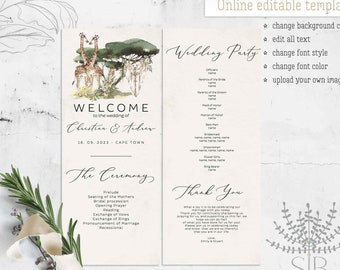 Bruiloft programmasjabloon met giraffe paar, dierentuin bruiloft, volgorde van ceremonie kaart, Boho dierentuin bruiloft sjabloon