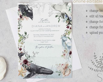 Sea animals event invitation template for wedding and other ocean life theme events