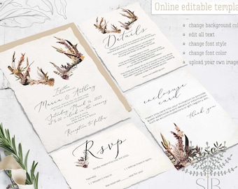 Boho terracotta fall wedding invitation set, autumn wedding invitation template, online editable bohemian fall wedding suite