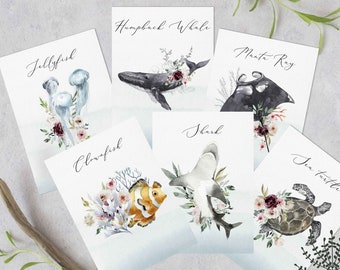 Marine life table number cards, aquarium wedding, sea life table numbers, beach wedding table sign, animals with names, Ocean animals