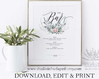 The Bar Sign, Bar Menu Sign, Wedding Bar Sign, Wedding Sign, Wedding Bar Menu Printable, Drink Menu, Instant Download, boho wedding template