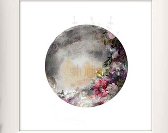 Moon Watercolor, Full Moon Watercolor Print, Blooming Moon, Boho Moonflower Print, Luna, Nursery moon art, Moon Poster, moonflower