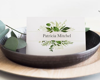 Table place card, green foliage Place Card, greenery wedding card template, green printable escort card, Seating card, PDF Adobe template
