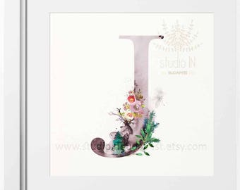 Letter J initial or monogram with watercolor deer and pine tree wall decor printable INSTANT DOWNLOAD