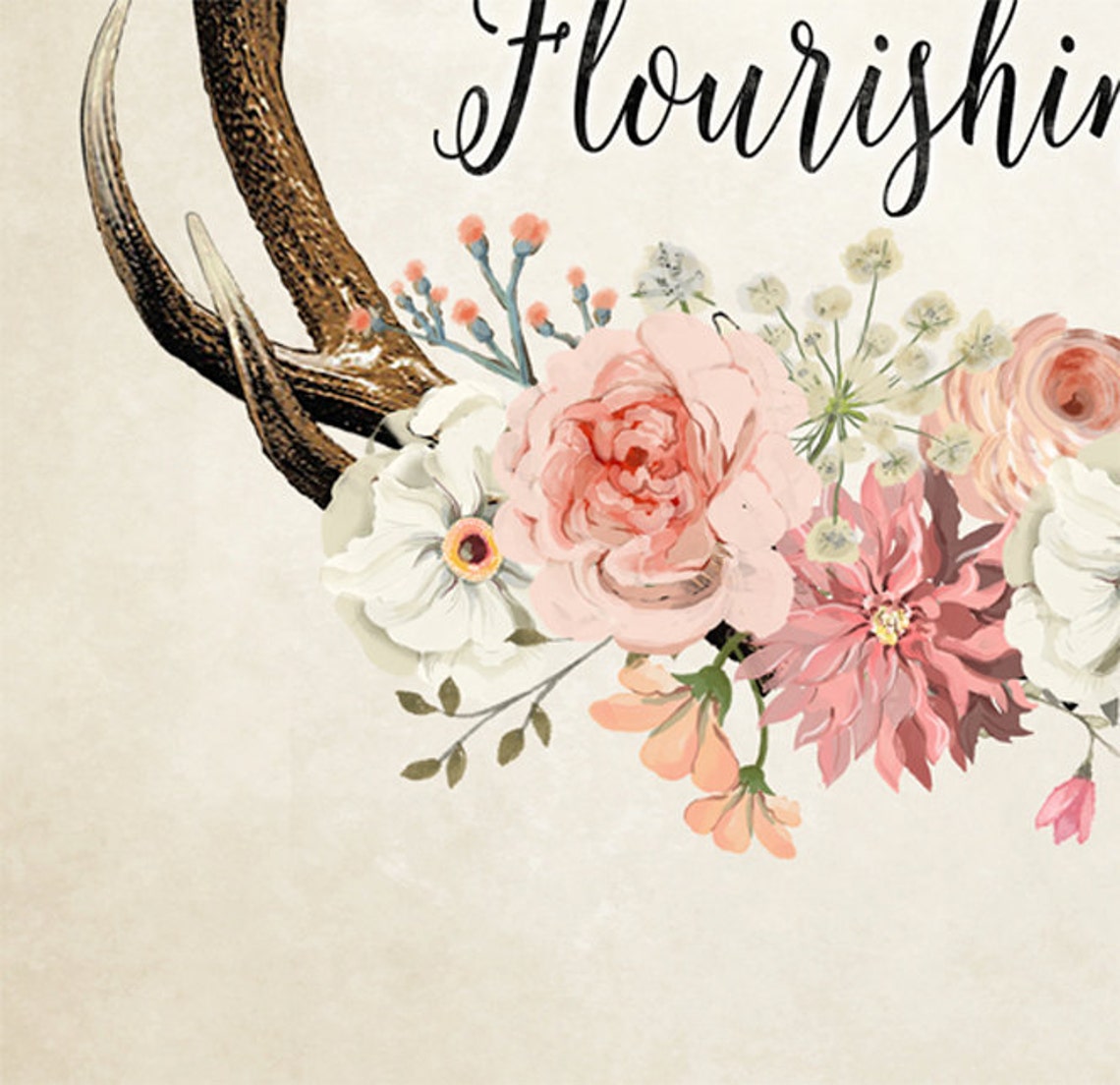 Florar Antler Printable Shabby Chic Rustic Floral Antler - Etsy