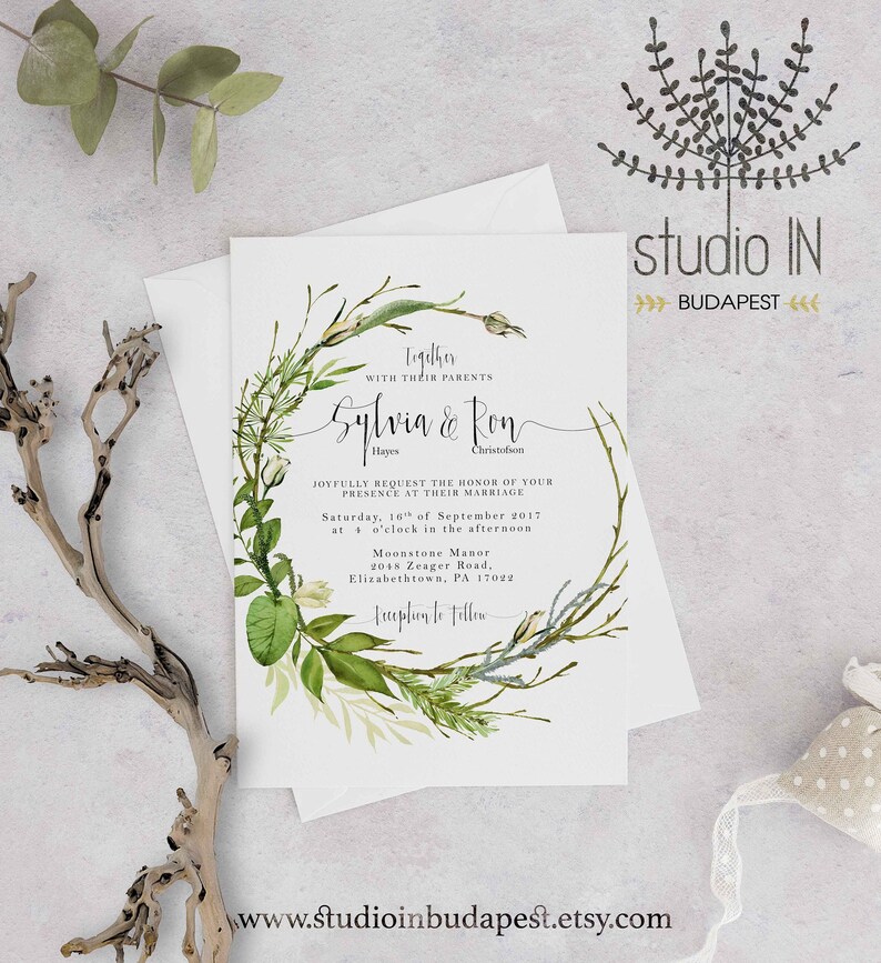green foliage wedding invitation
