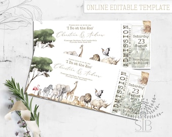 Zoo wedding ticket invitation, Zoo wedding invite, tropical nude invitation, lion and lioness, Savanna Set