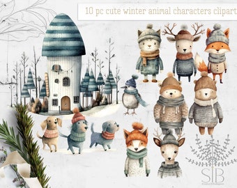 Cute winter characters clipart, forest animal png clipart