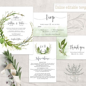 Green foliage Wedding Invitation, woodland wedding, greenery wedding, outdoor wedding invitation, online editable wedding card image 1